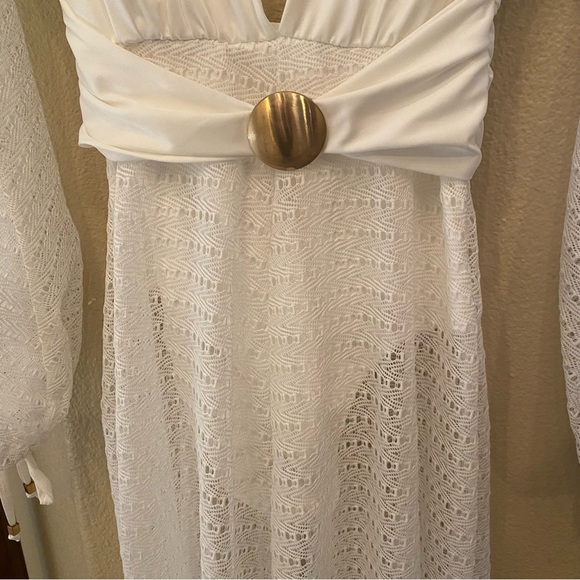 BANDIT AND THE BABE White Plunge Long Sleeve Beach Dress w/ Gold Accent-Large - Picture 3 of 10